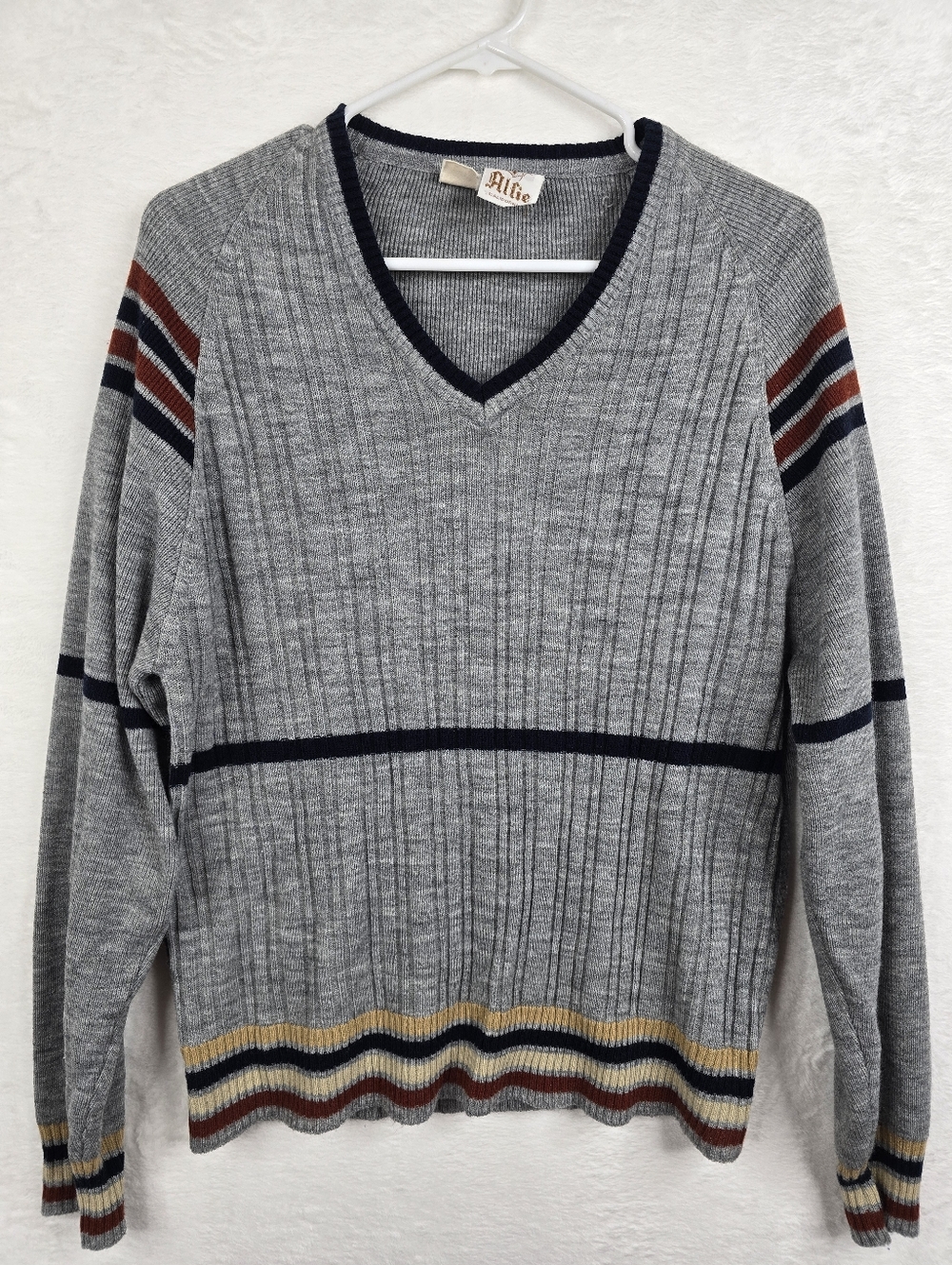 Vintage Alfie California Sweater Womens V Neck Striped Knit Gray Retro 70s Style